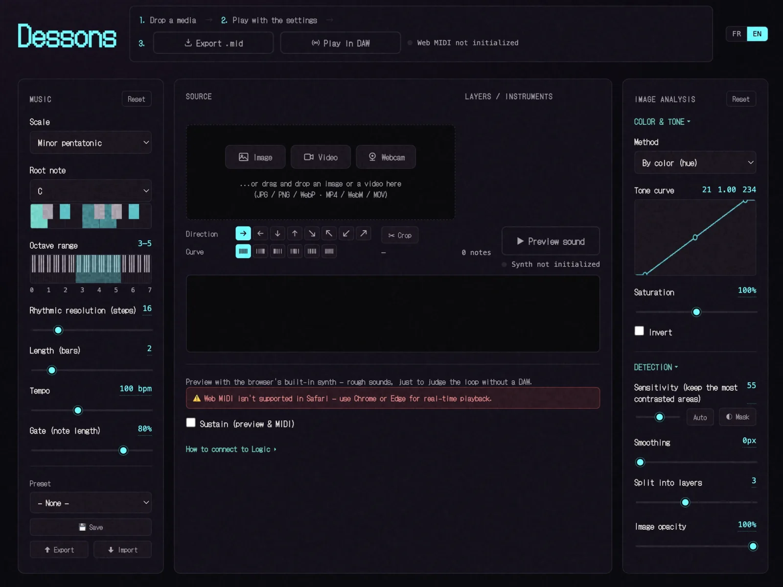 The Dessons interface: the Music panel on the left, the source drop zone in the middle, the Image Analysis panel on the right