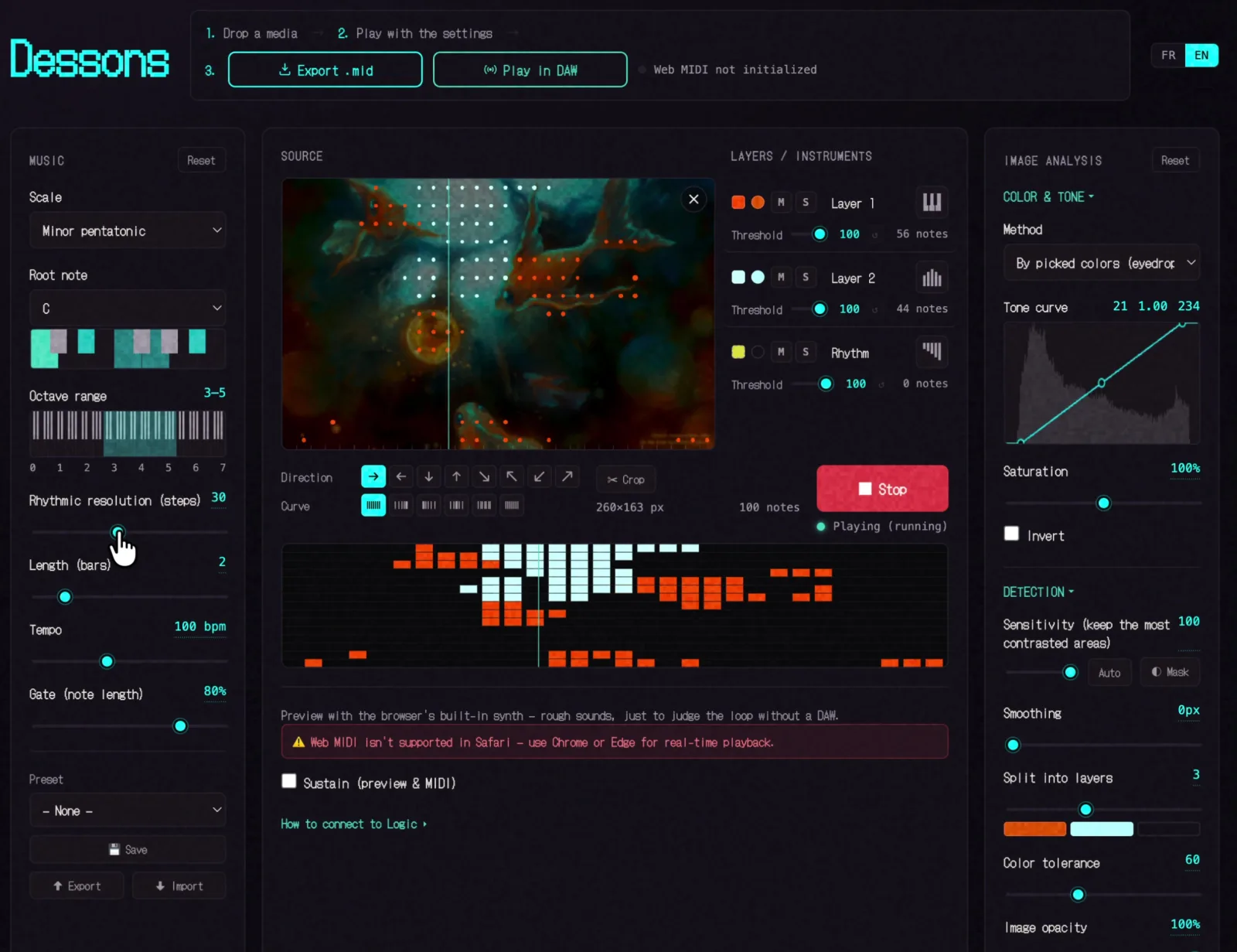 The layer list: an underwater painting split into a rust-orange layer for the fish and a pale layer for the water, each with its own instrument, note count and M / S toggles