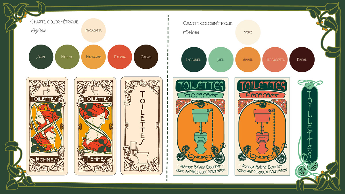 First tests: colorimetric charts, mineral and vegetal, applied to the restroom signage sub-directions