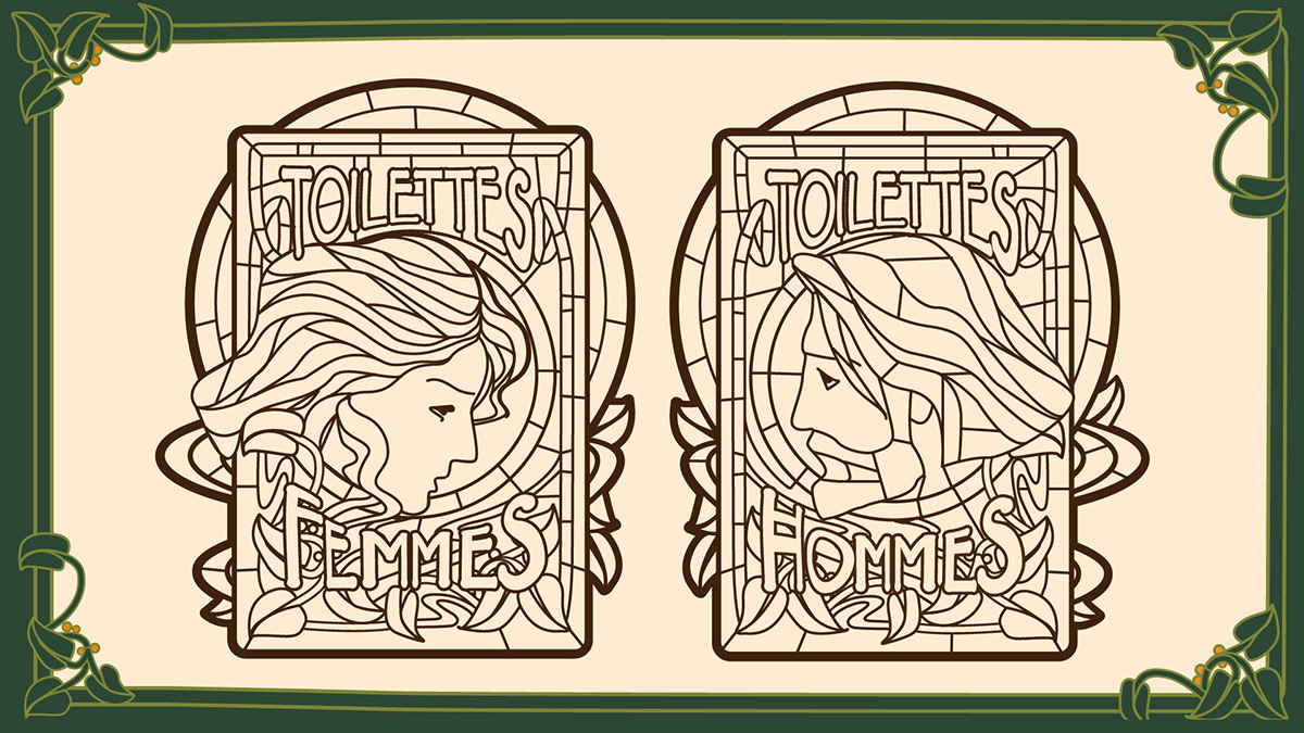 First line-art drawings for the restroom signage, before colour