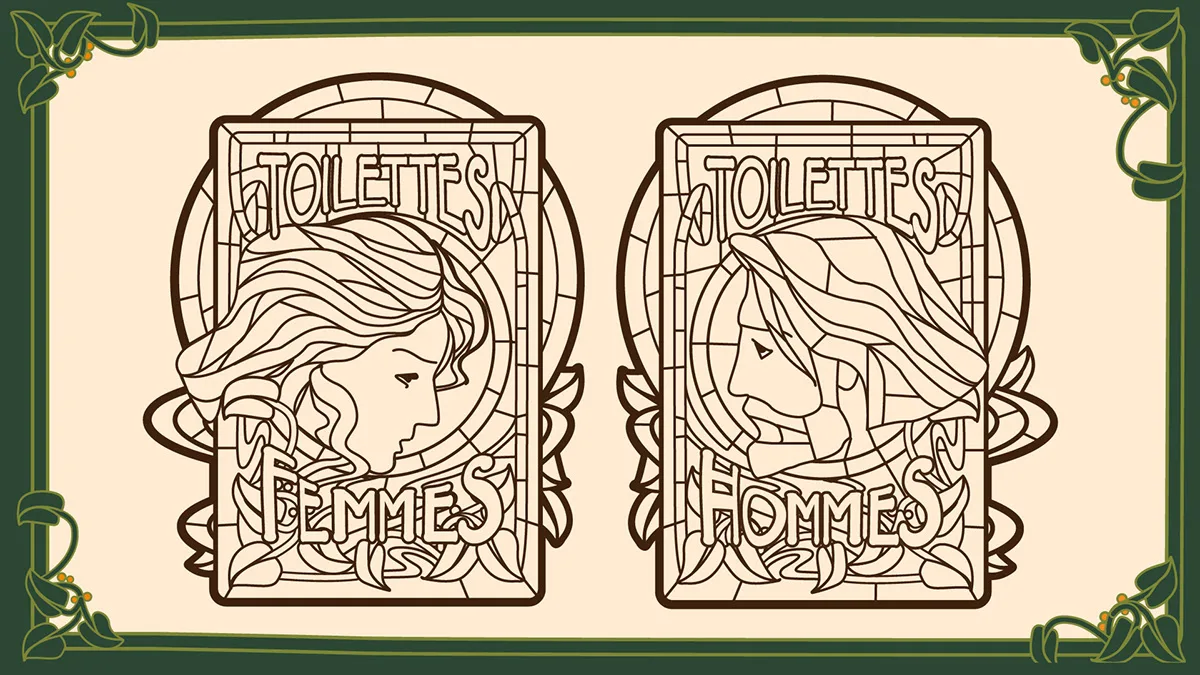 First line-art drawings for the restroom signage, before colour