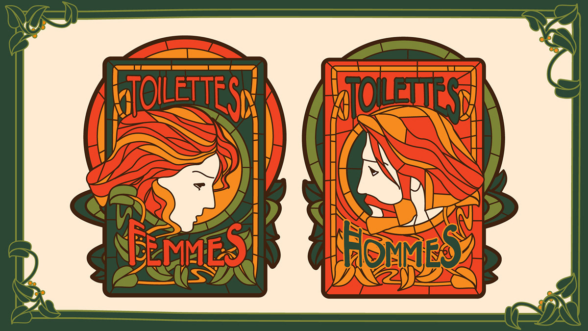 Restroom signage rendered in the final stained-glass illustration style, in colour