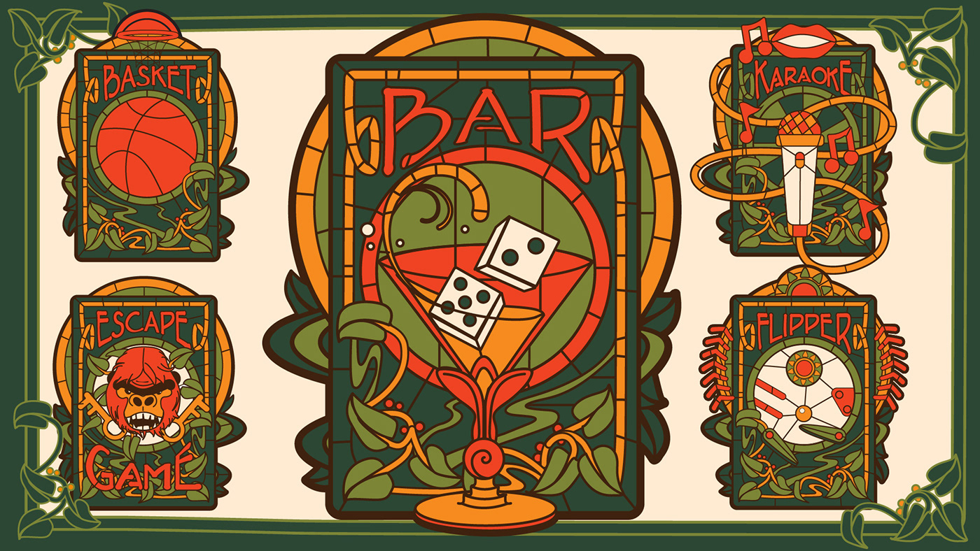 The final activity icon set: bar, karaoke, arcade, pinball, basketball and escape game