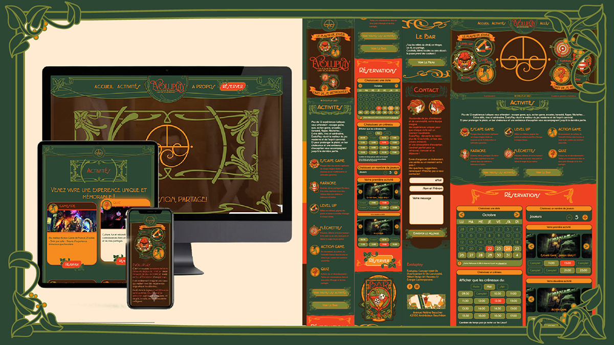 Website design mockup for evoluplay.fr, carrying the Néon Art Nouveau identity online