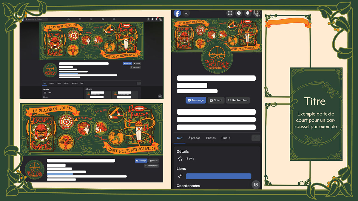 Social media kit: Facebook cover and profile mockup, plus an Instagram reel-frame template
