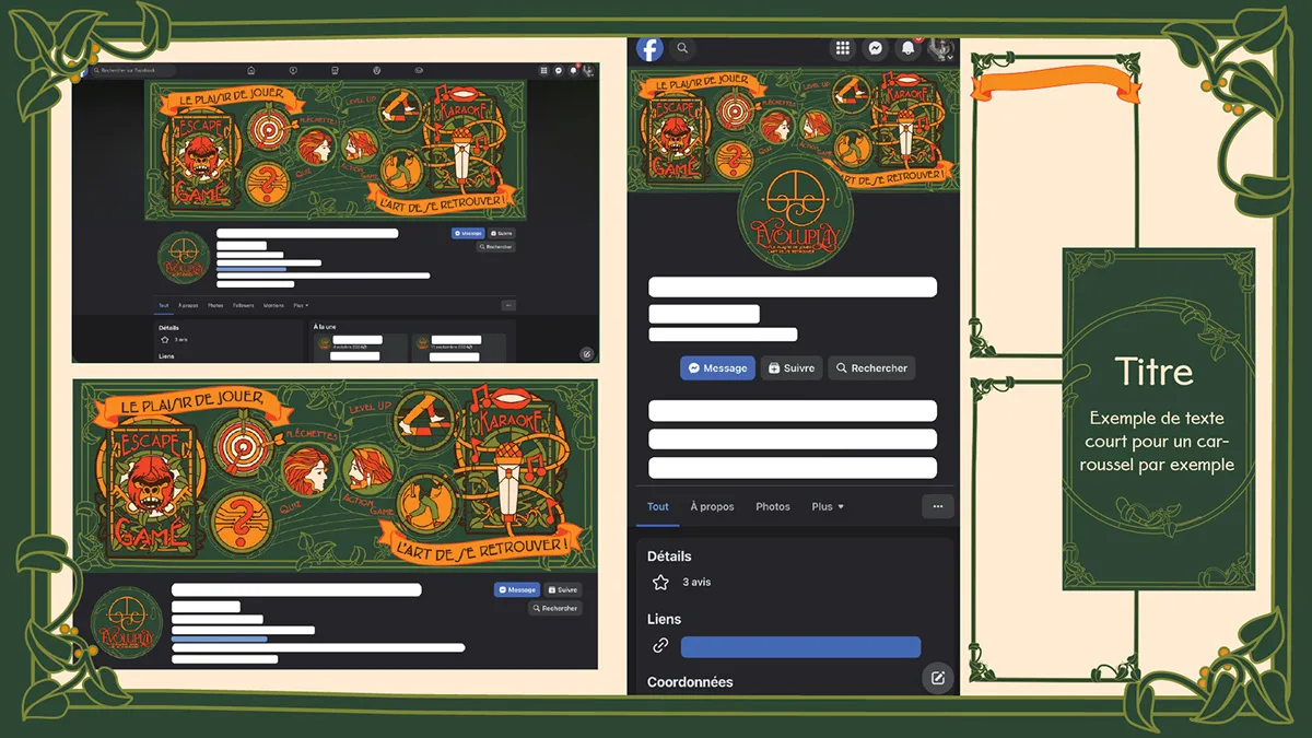 Social media kit: Facebook cover and profile mockup, plus an Instagram reel-frame template