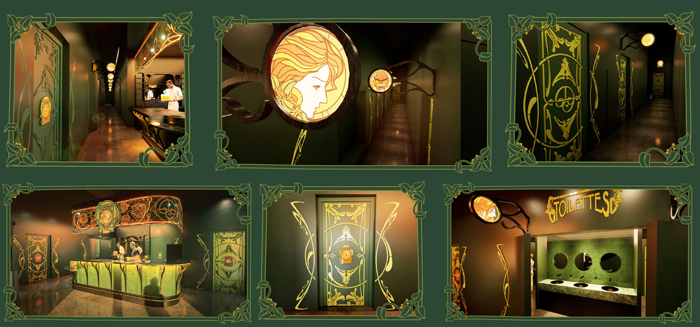 3D previews of the corridor, restroom signage and bar, ahead of the on-site build