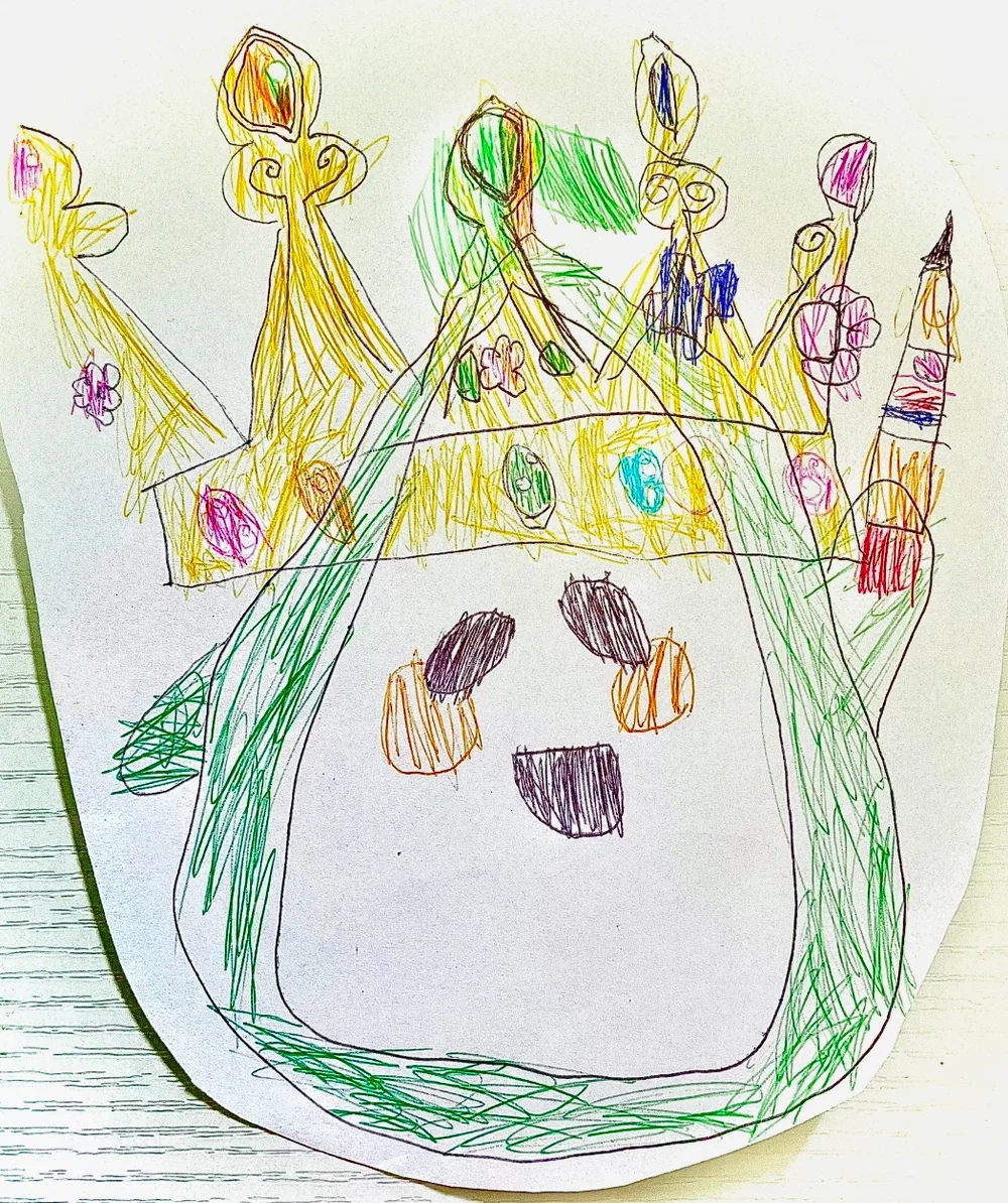 Lafuransu drawn by a child, with a crown and its pencil
