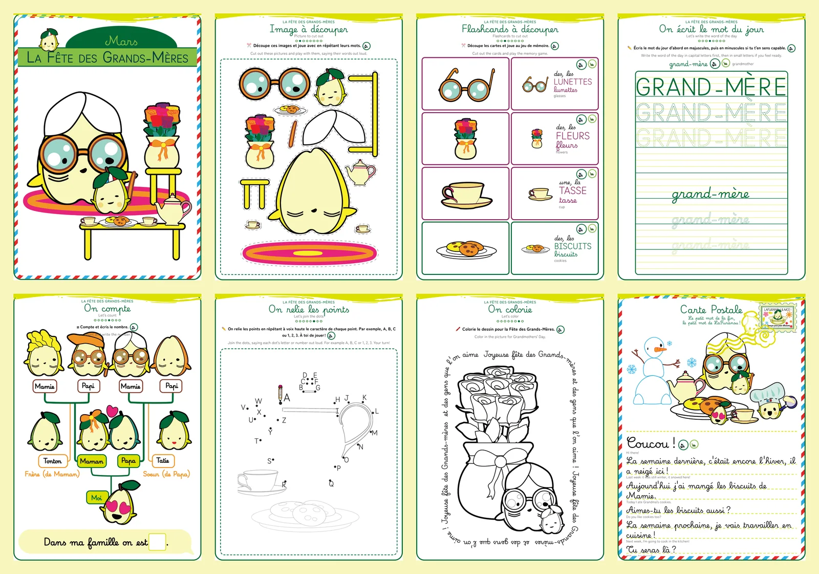 The eight pages of a season lesson: cover, cut-out, flashcards, word of the day, counting, connect the dots, coloring, postcard