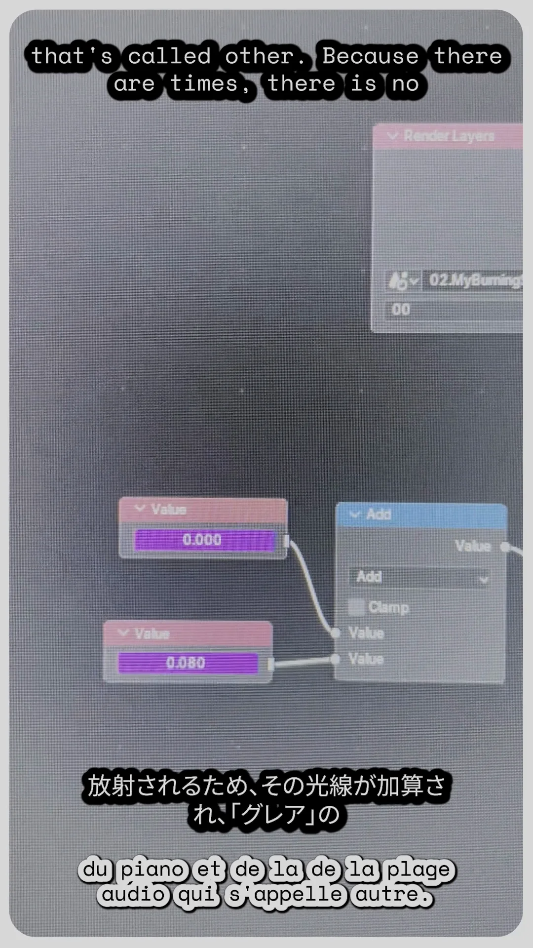 The compositor's Glare node setup, with Sun Beams and glare-intensity settings visible
