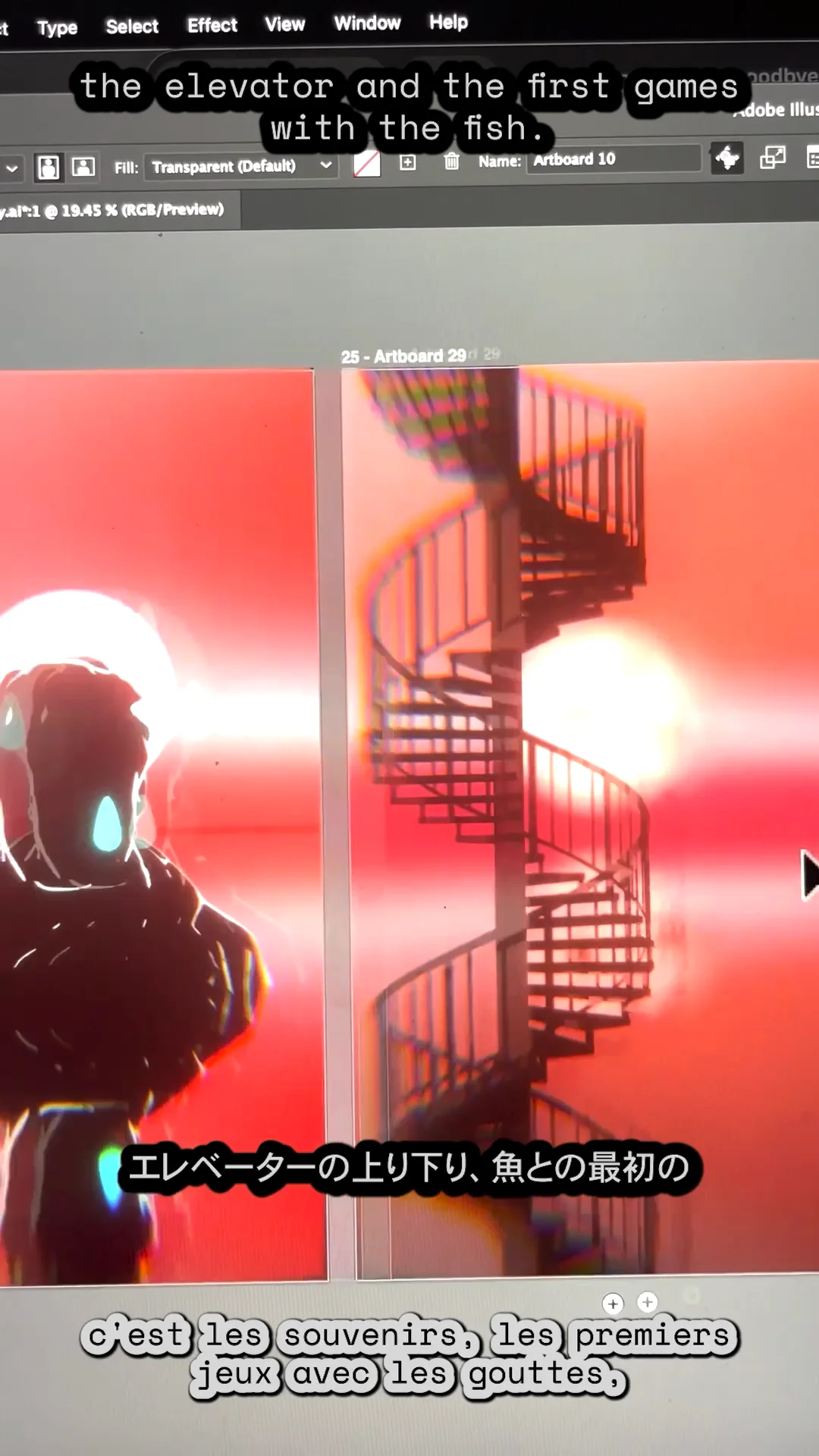 Early 3D mockup: a spiral staircase against a glowing sunset, an initial exploration of the elevator's exterior view