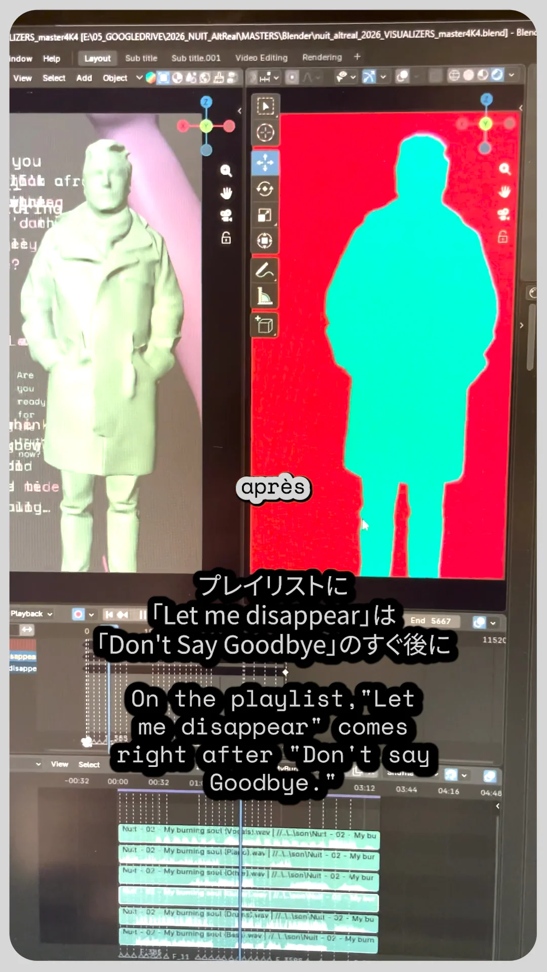 Split view: a pale statue-like figure in the Blender viewport next to a teal glowing silhouette render on a red background