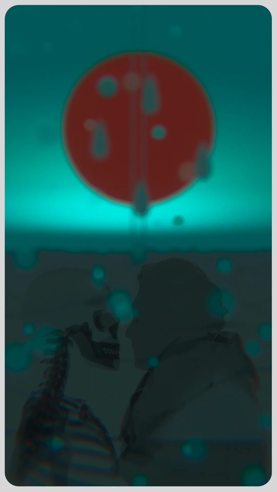 A closing cyan-and-red poster frame reading 'You're being sure man' over two skeleton silhouettes facing each other